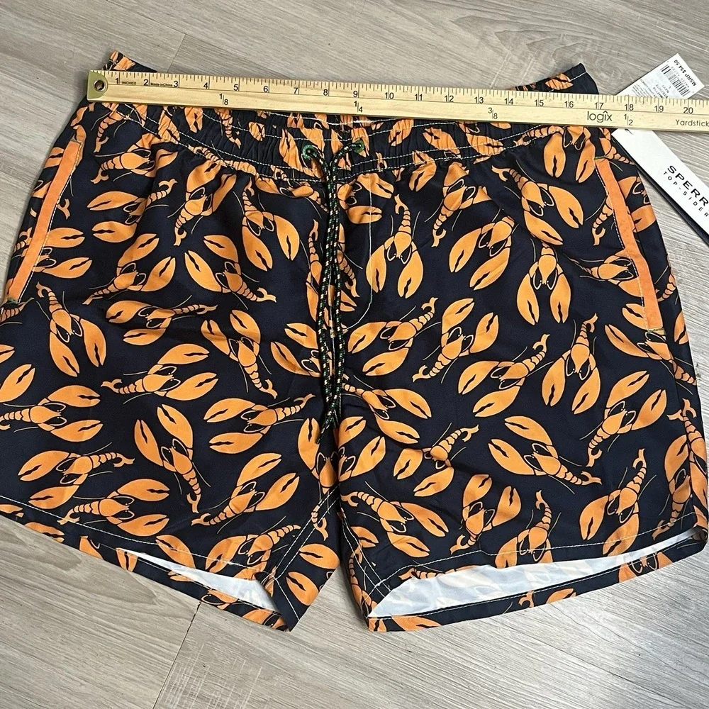 Sperry Men's Swim Trunks Navy Orange Lobster-Pockets-Stripes Large 5